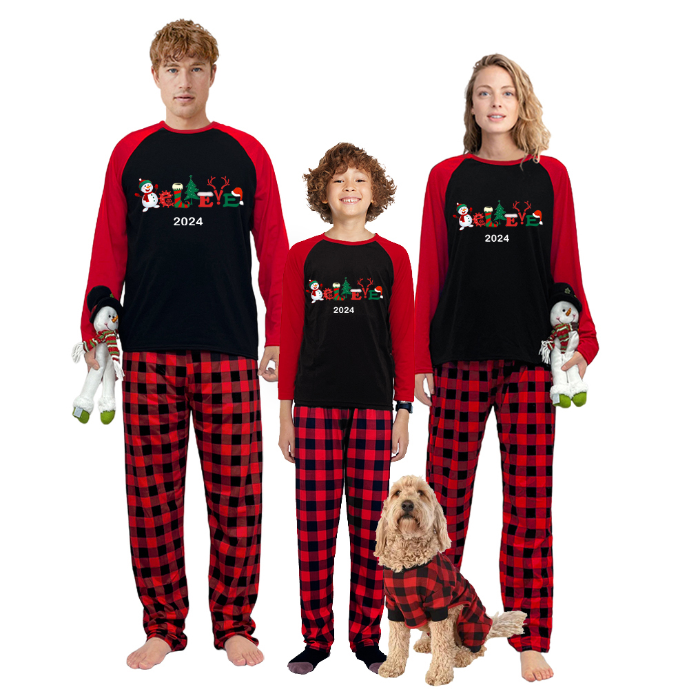 2024 Believe Christmas Matching Family Pajamas Snowman Love Christmas Black Red Plaids Pajamas Set