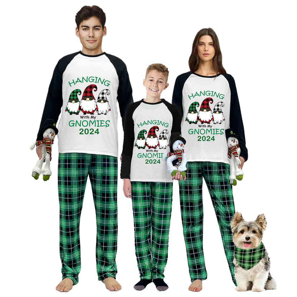 2024 Christmas Matching Family Pajamas Hanging With My Gnomies Green Plaids Pajamas Set