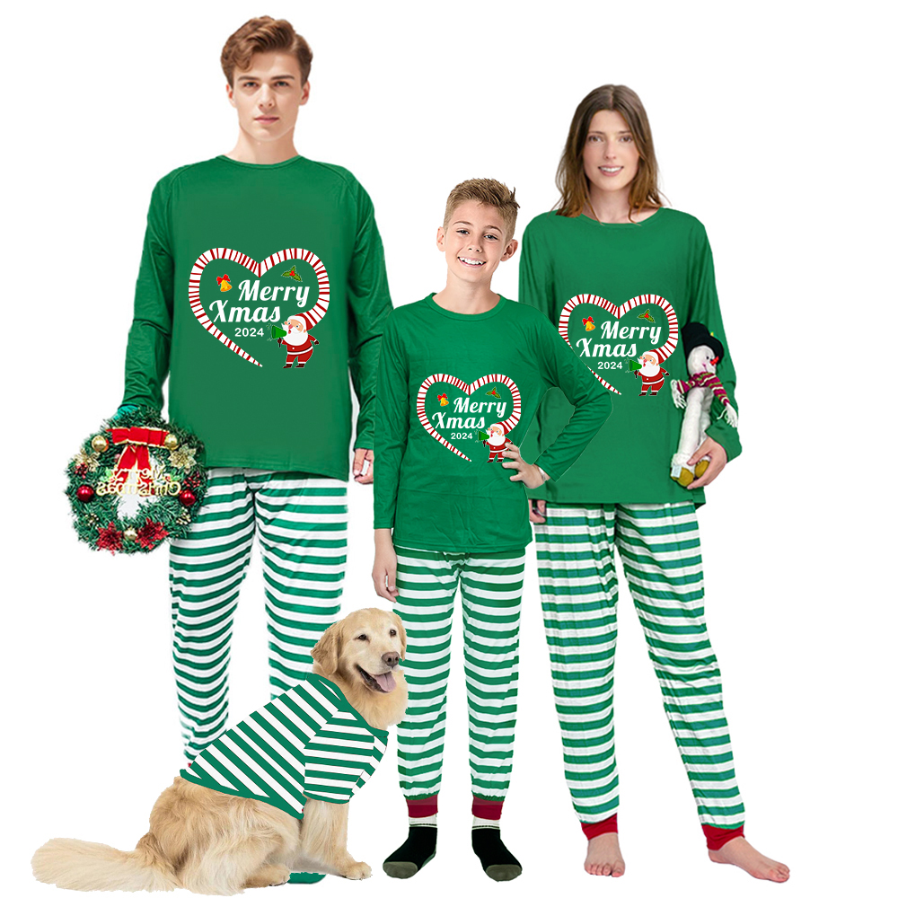 2024 Christmas Matching Family Pajamas Santa Heart Merry Xmas Green Stripes Pajamas Set