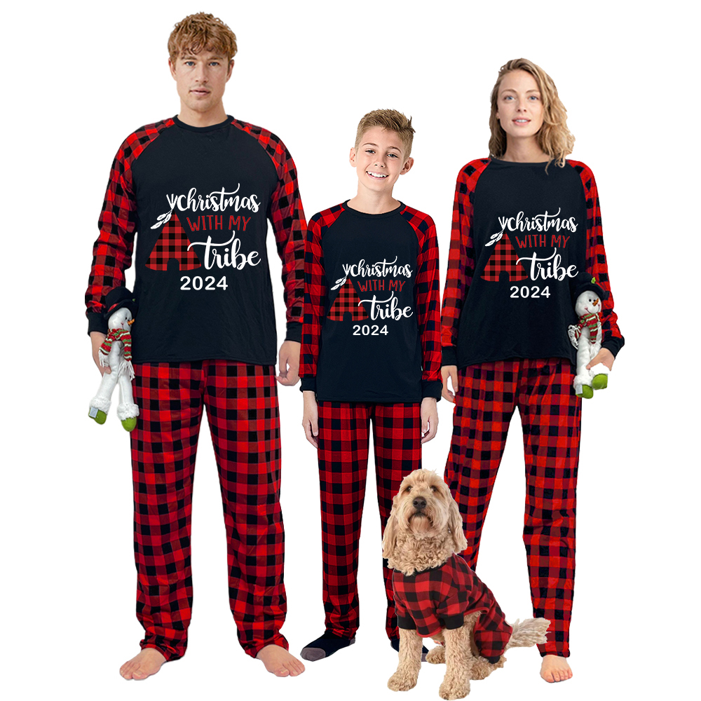 2024 Christmas Matching Family Pajamas Christmas With My Tribe Balck Pajamas Set