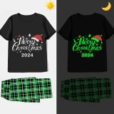 2024 Christmas Matching Family Pajamas Luminous Glowing Merry Christmas Hat Black Short Sleeve Pajamas Set