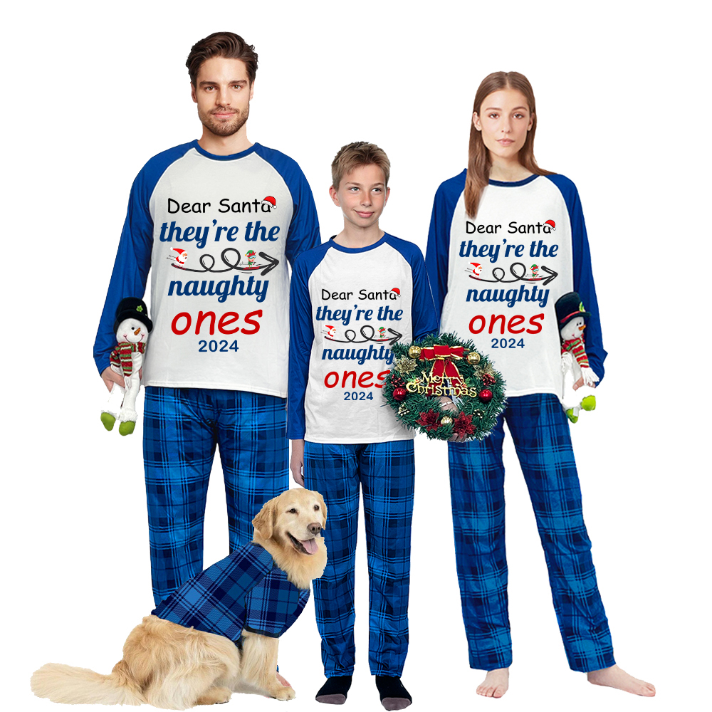 2024 Christmas Matching Family Pajamas Dear Santa They're The Naughty Ones Blue Pajamas Set