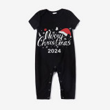 2024 Christmas Matching Family Pajamas Luminous Glowing Merry Christmas Hat Black Short Sleeve Pajamas Set