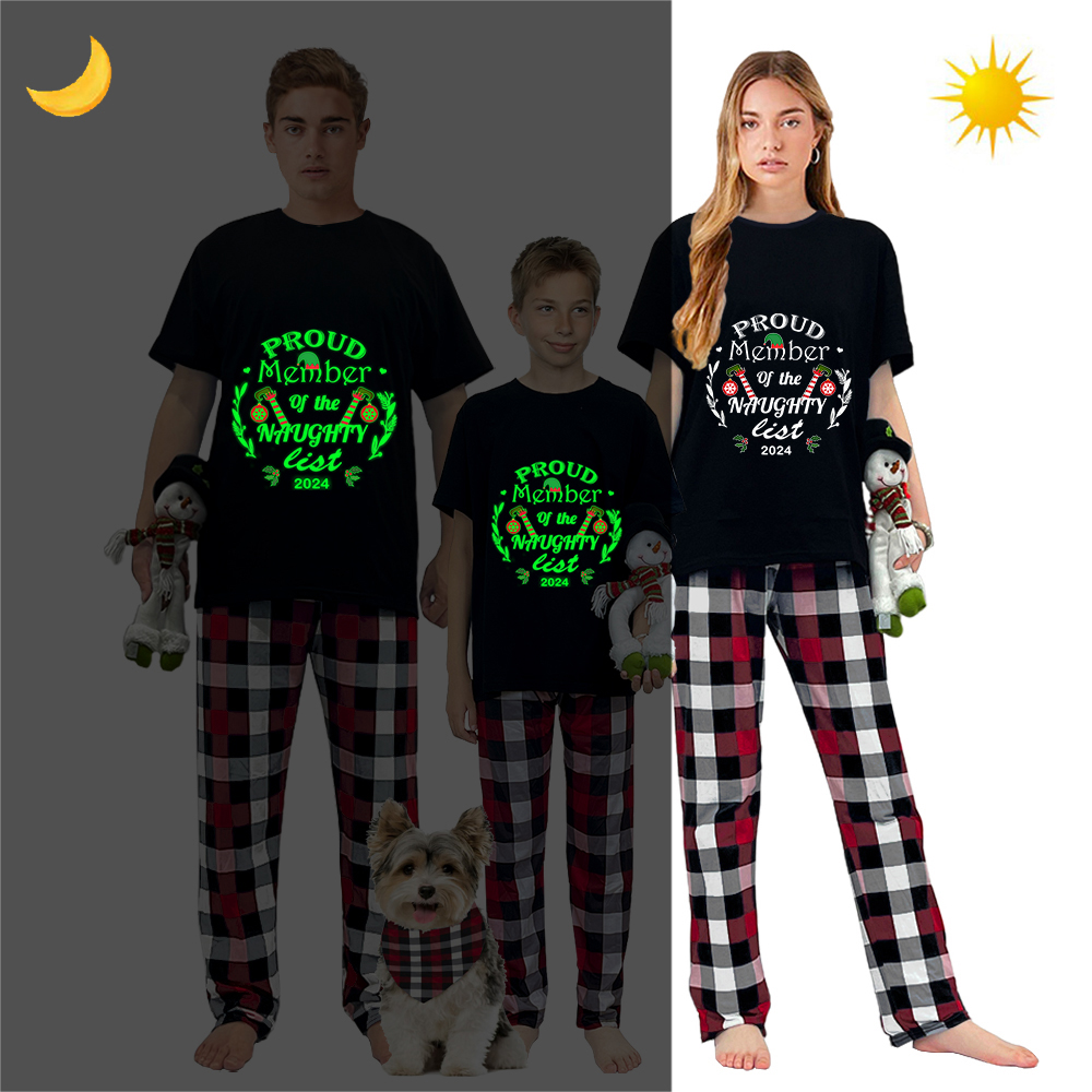 2024 Christmas Matching Family Pajamas Luminous Glowing Proud Member Of The Naughty List Black Short Pajamas Set