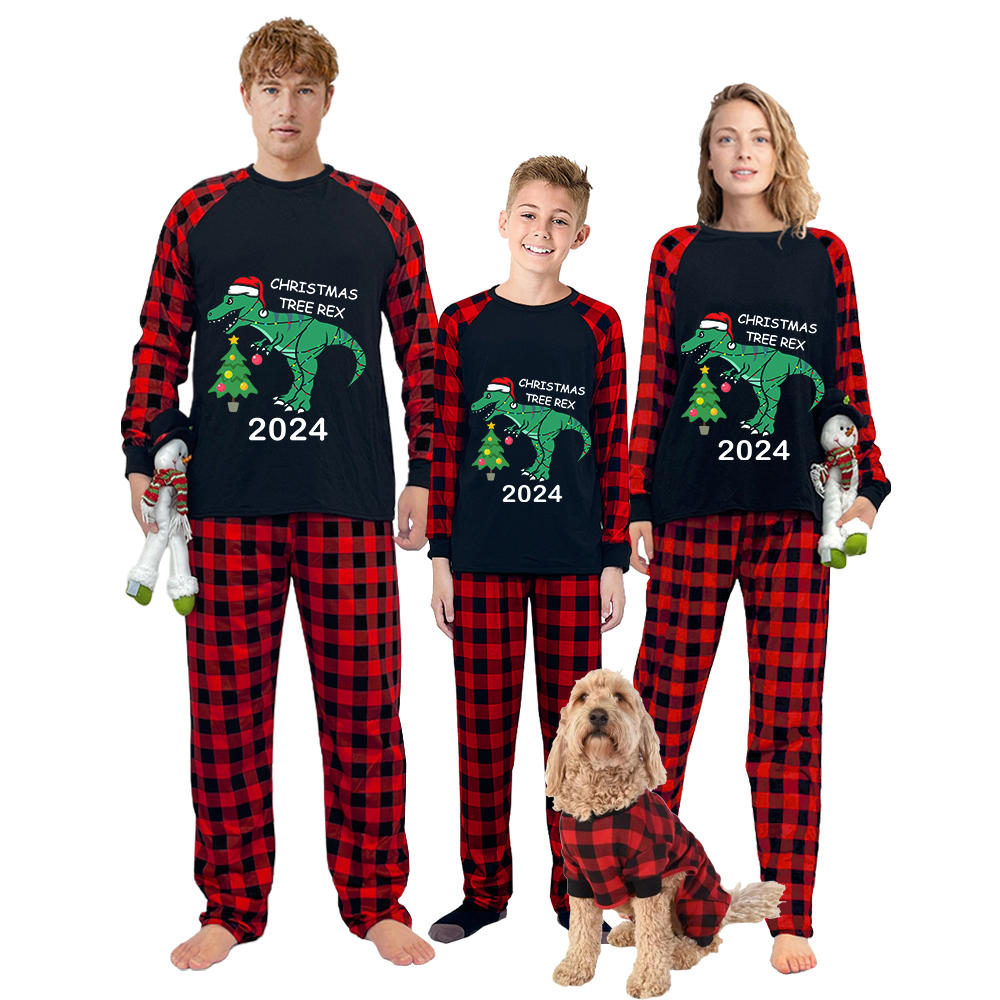 2024 Christmas Matching Family Pajamas Exclusive Design Dinosaur Christmas Tree Black Pajamas Set