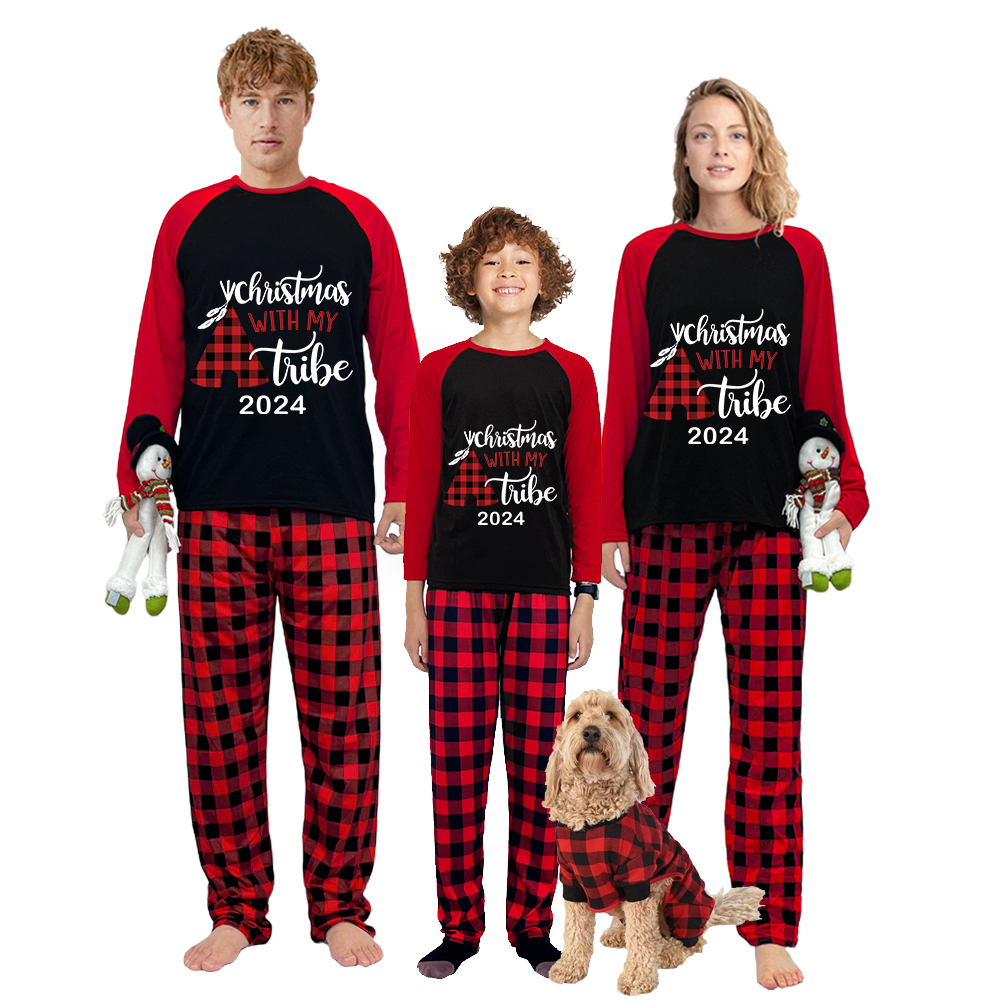 2024 Christmas Matching Family Pajamas Christmas With My Tribe Balck Plaids Pajamas Set