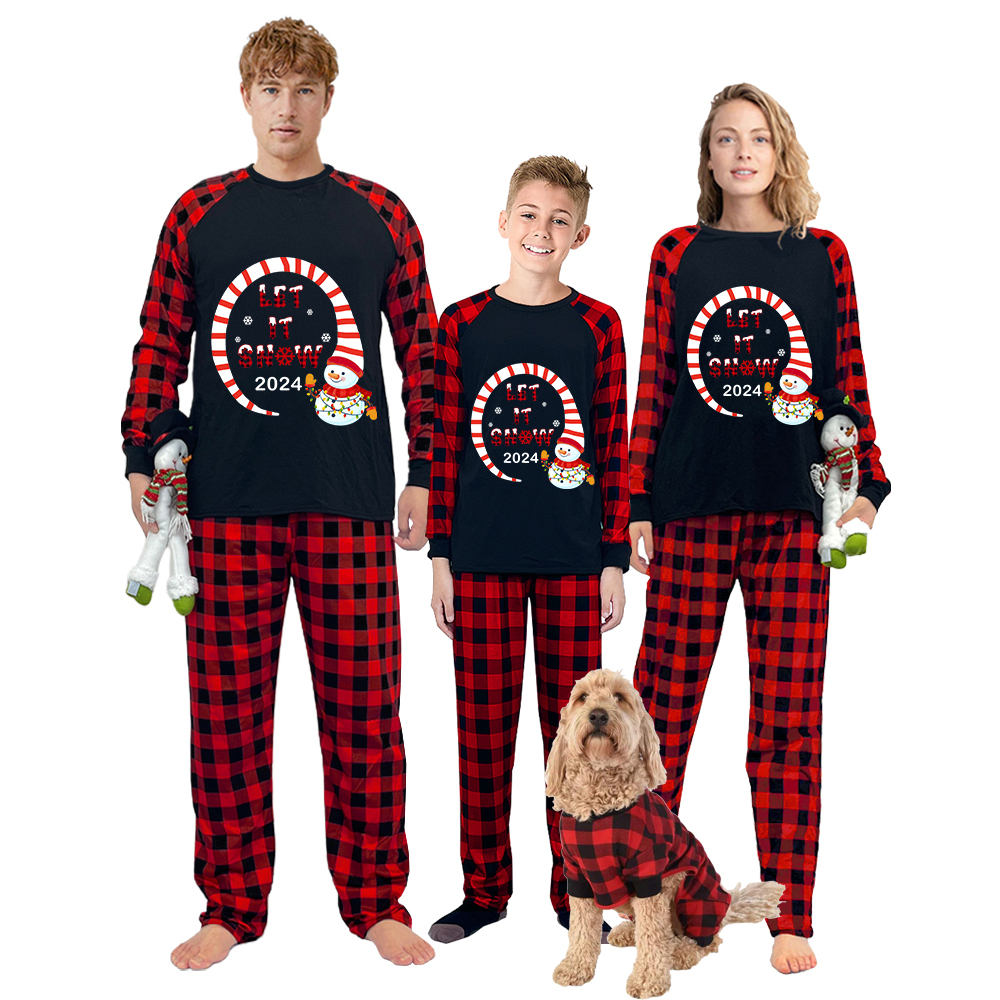 2024 Christmas Matching Family Pajamas Snowman Let It Snow Black Pajamas Set