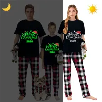 2024 Christmas Matching Family Pajamas Luminous Glowing Merry Christmas Hat Black Short Sleeve Pajamas Set