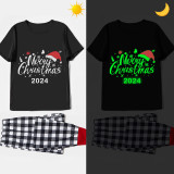 2024 Christmas Matching Family Pajamas Luminous Glowing Merry Christmas Hat Black Short Sleeve Pajamas Set