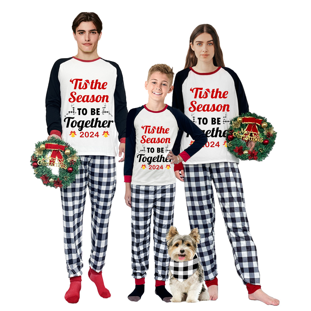 2024 Christmas Matching Family Pajamas Exclusive Design Merry Christmas Season Together White Plaids Pajamas Set