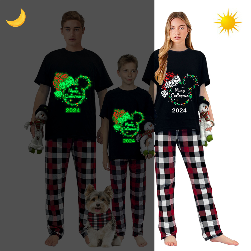 2024 Christmas Matching Family Pajamas Luminous Glowing Cartoon Mouse Black Short Red Pajamas Set