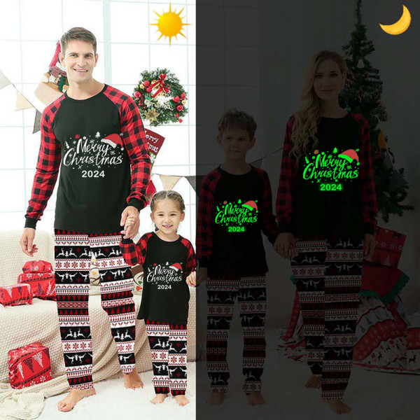 2024 Christmas Matching Pajamas Luminous Glowing Merry Christmas Hat Christmas Pajamas Set