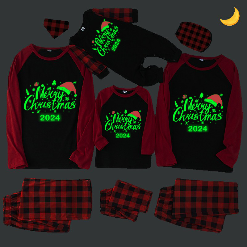 2024 Christmas Matching Family Pajamas Luminous Glowing Merry Christmas Hat Multicolor Pajamas Set