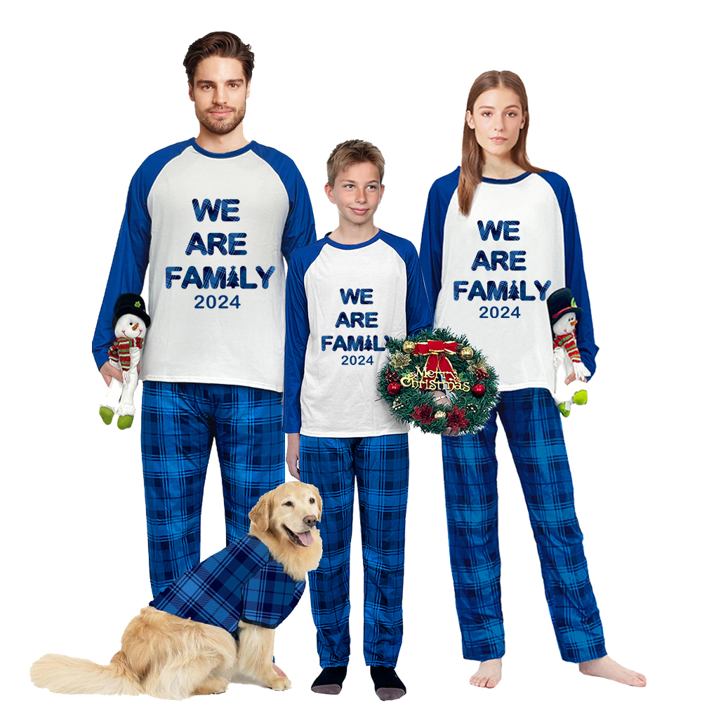 2024 We Are Family Christmas Matching Family Pajamas Blue Pajamas Set With Dog Cloth