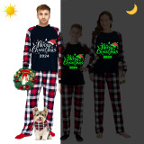 2024 Christmas Matching Family Pajamas Luminous Glowing Merry Christmas Hat Multicolor Pajamas Set