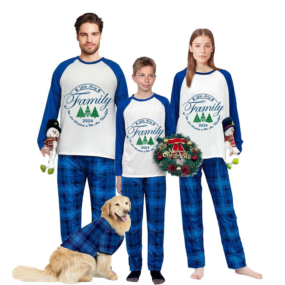 2024 Christmas Matching Family Pajamas Exclusive We Are Family Wreath Xmas Tree Blue Plaids Pajamas Set