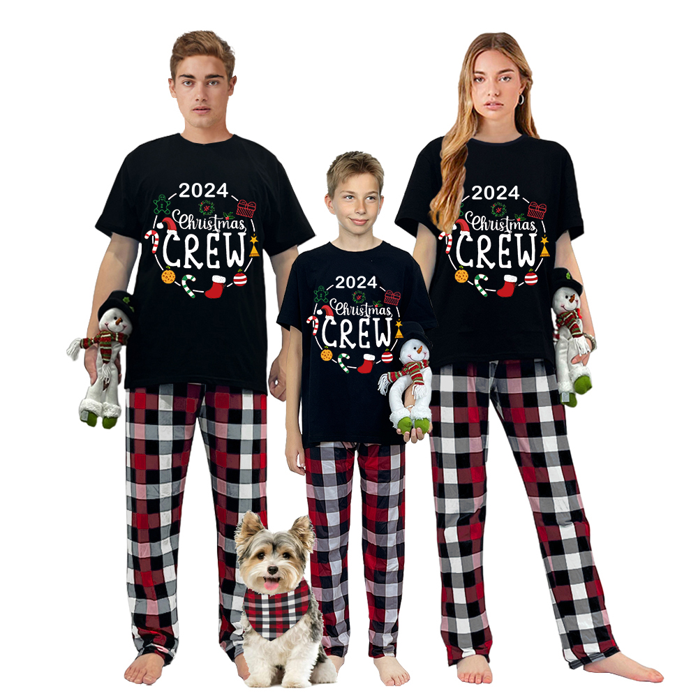 2024 Christmas Matching Family Pajamas Exclusive Design Christmas Crew Wreath Black Short Pajamas Set