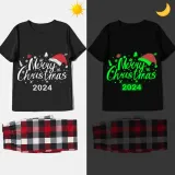 2024 Christmas Matching Family Pajamas Luminous Glowing Merry Christmas Hat Black Short Sleeve Pajamas Set