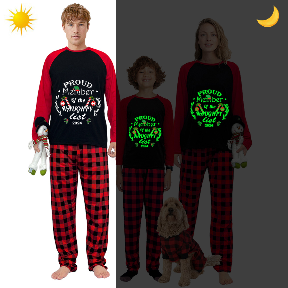 2024 Christmas Matching Family Pajamas Luminous Glowing Proud Member Of The Naughty List Red Pajamas Set