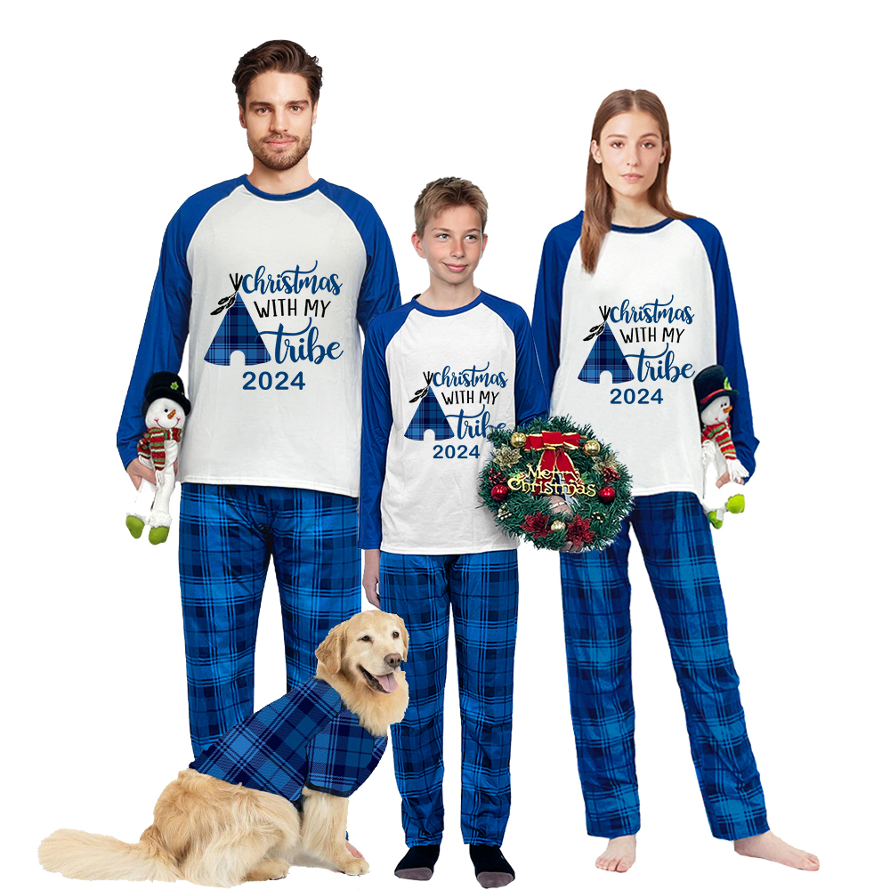 2024 Christmas Matching Family Pajamas Christmas With My Tribe Blue Pajamas Set