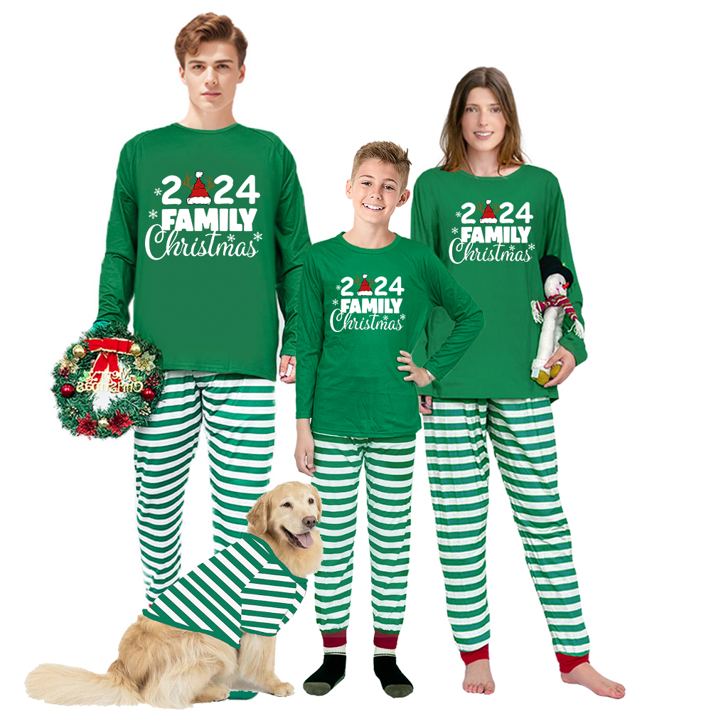 Christmas Matching Family Pajamas 2024 Family Christmas Hat Green Stripes Pajamas Set