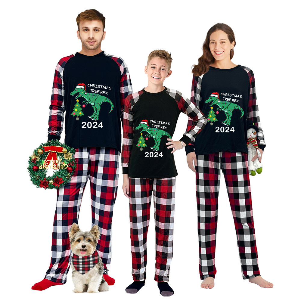 2024 Christmas Matching Family Pajamas Exclusive Design Dinosaur Christmas Tree Black Plaids Pajamas Set