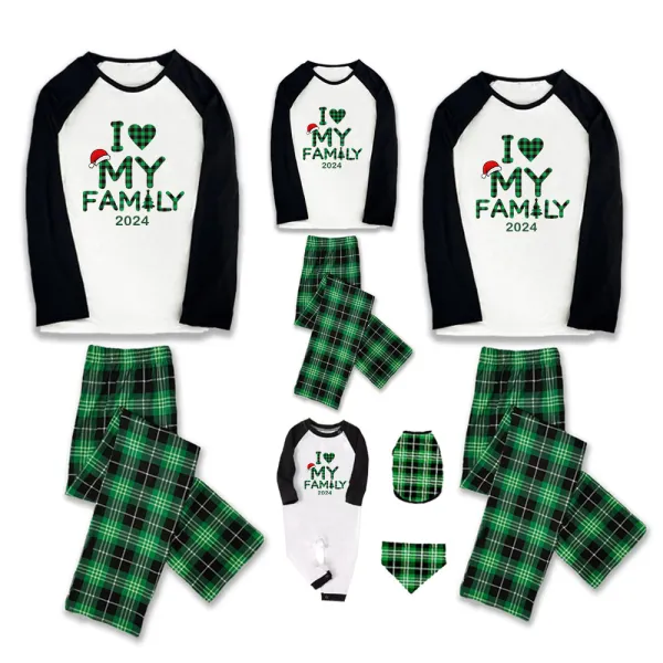 2024 Christmas Matching Family Pajamas Exclusive Design I Love My Family Green Plaids Pajamas Set