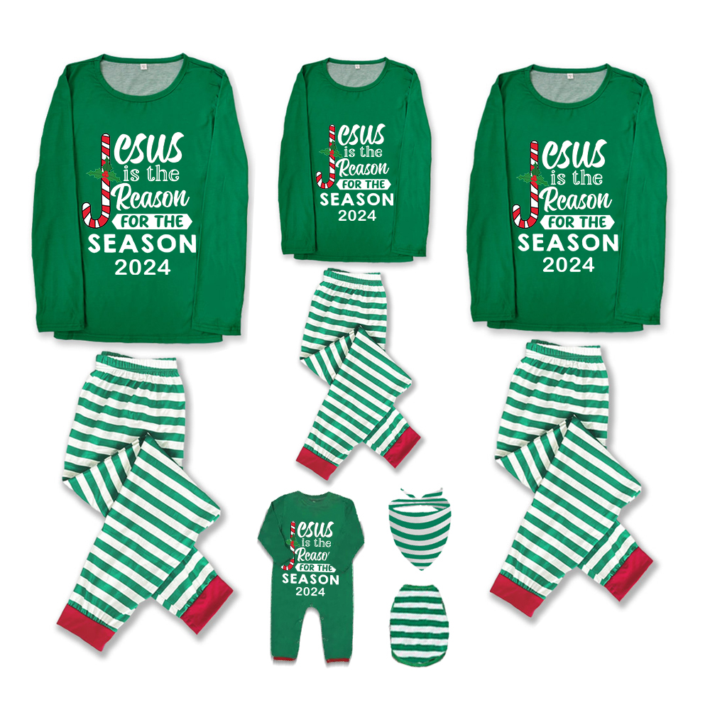 2024 Christmas Matching Family Pajamas Jesus Is The Reason For The Season Green Stripes Pajamas Set