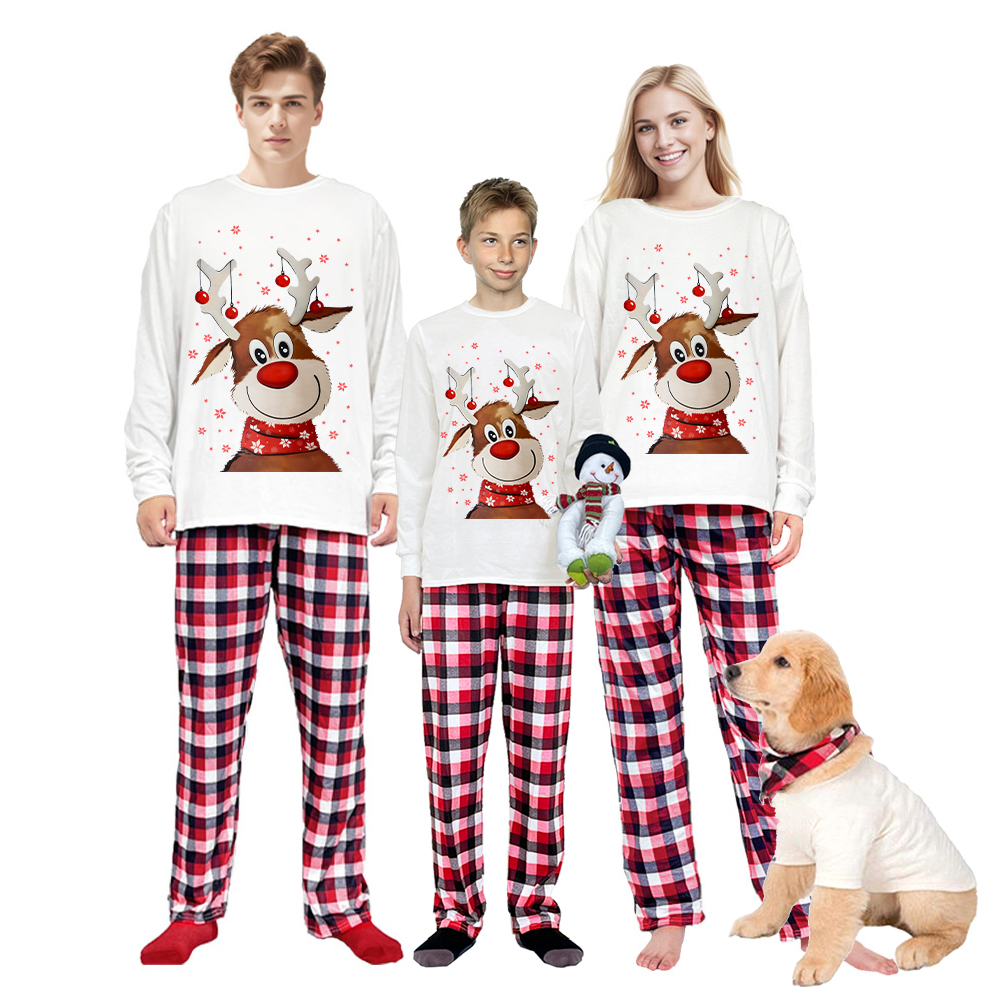 Plus Size Christmas Family Matching Pajamas Sets Cute Deer Top and Red Plaids Pants With Dog Cloth