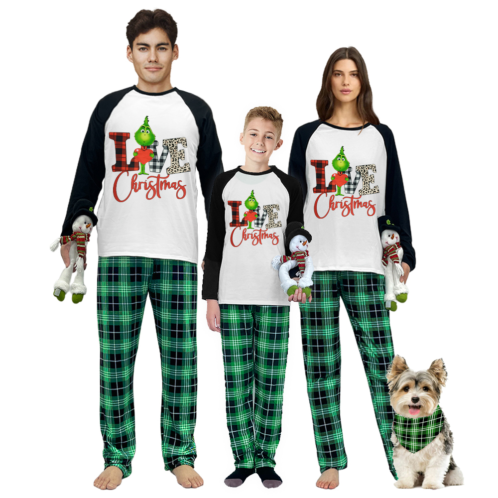Christmas Matching Family Pajamas Love Christmas Green Plaid Pajamas Set With Dog Cloth