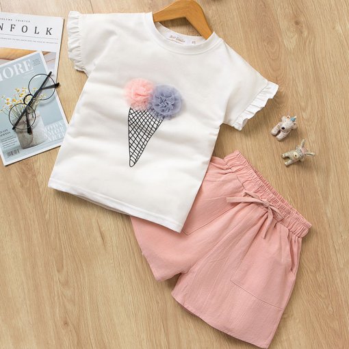 Girls Print Ice-cream Ruffles Sleeves T-shirt and Pink Shorts Two-Piece ...