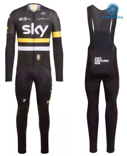 2016 Team Skу IV Black-Yellow Thermal Long Sleeve Cycling Jersey And Bib Pants Set