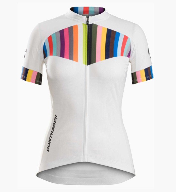 2016 Bontrager Anara Women White And Color Stripes Jersey And Regular Shorts Set