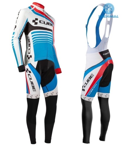 2016 Cube Teamline White-Blue Thermal Long Sleeve Cycling Jersey And Bib Pants Set