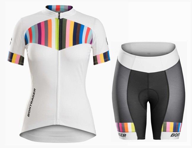 2016 Bontrager Anara Women White And Color Stripes Jersey And Regular Shorts Set