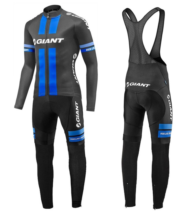 2017 Team Giant Black-Blue Long Sleeve Cycling Jersey And Bib Pants Set