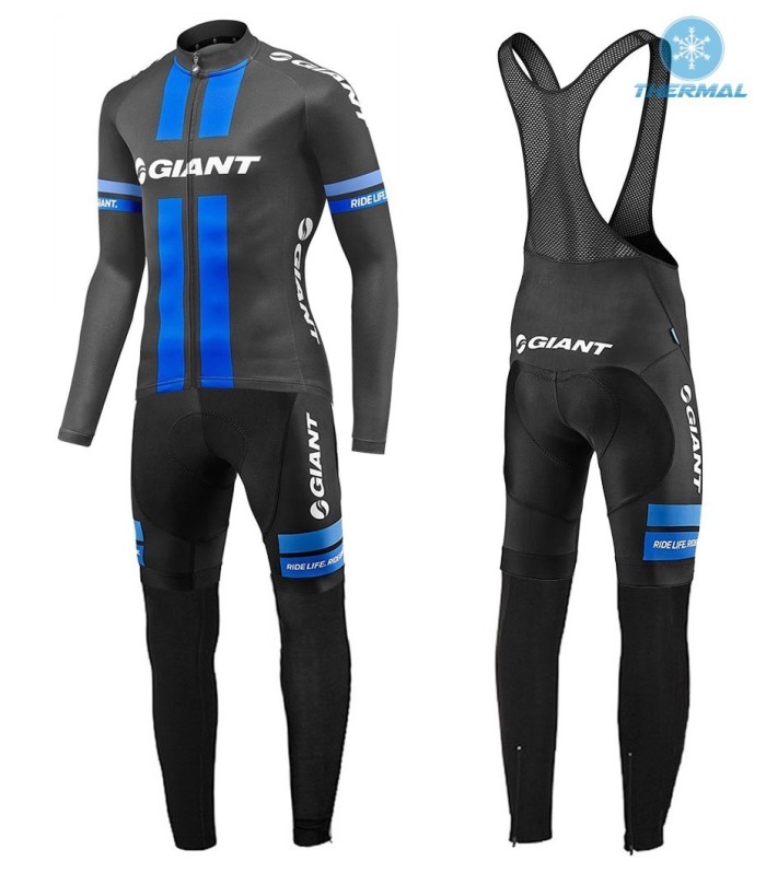 2017 Team Giant Black-Blue Thermal Cycling Jersey And Bib Pants Set