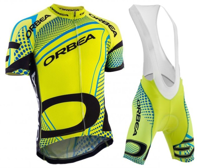 2015 Orbea fluo Yellow With Blue Dot Cycling Jersey And Bib Shorts Set