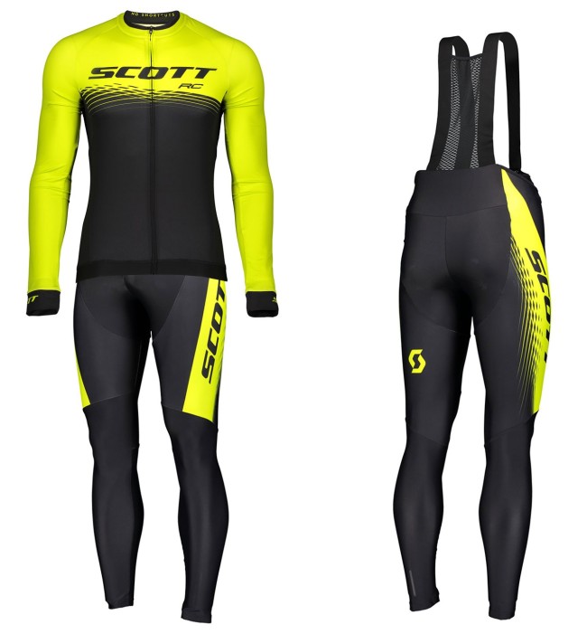 2019 Scott-RC PRO Black-Yellow Long Sleeve Cycling Jersey And Bib Pants Set