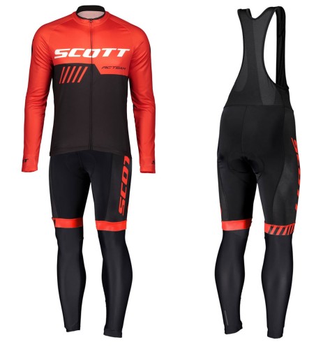 2019 Scott-RC-Team Black-Red Long Sleeve Cycling Jersey And Bib Pants Set