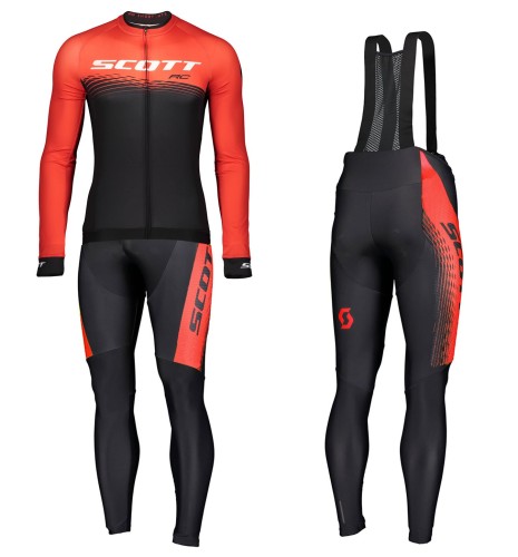 2019 Scott-RC PRO Black-Red Long Sleeve Cycling Jersey And Bib Pants Set