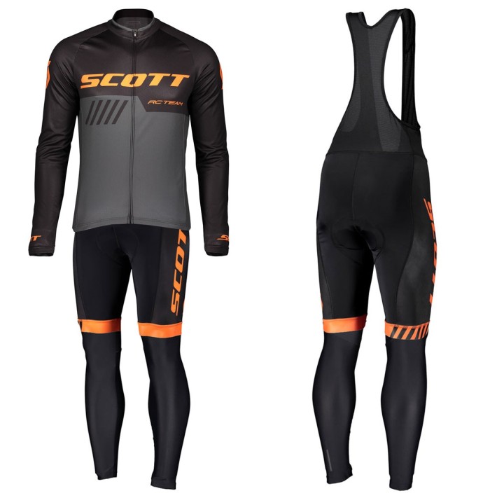 2019 Scott-RC-Team Black-Grey-Orange Long Sleeve Cycling Jersey And Bib Pants Set