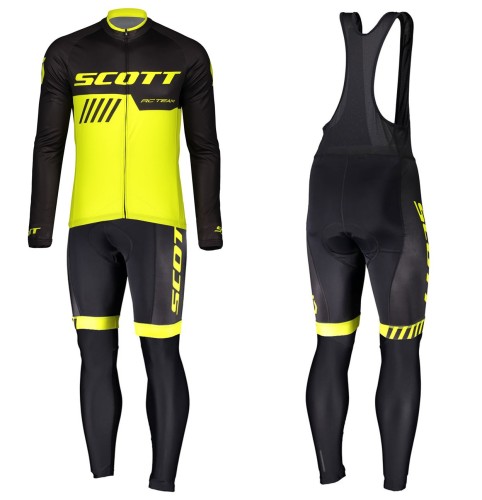 2019 Scott-RC-Team Black-Yellow Long Sleeve Cycling Jersey And Bib Pants Set