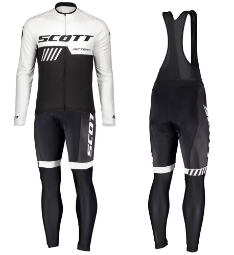 2019 Scott-RC-Team Black-White Long Sleeve Cycling Jersey And Bib Pants Set