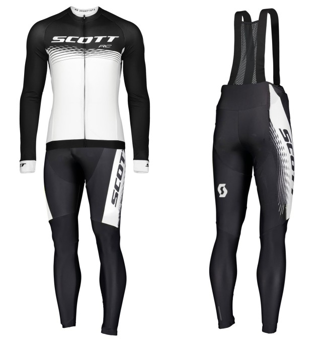 2019 Scott-RC PRO Black-White Long Sleeve Cycling Jersey And Bib Pants Set