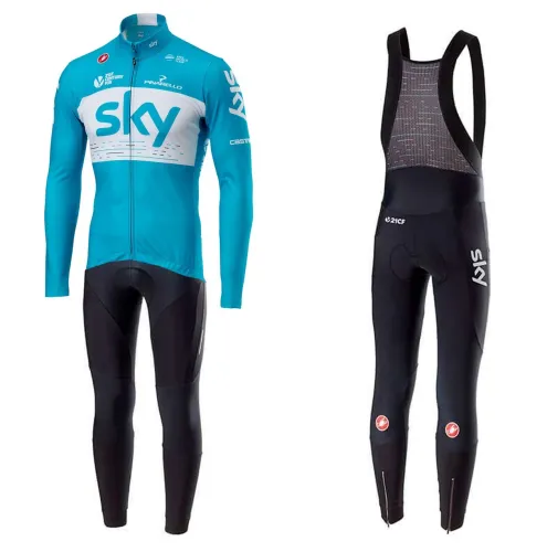 2018 SKY Team Blue Long Sleeve Cycling Jersey And Bib Pants Set