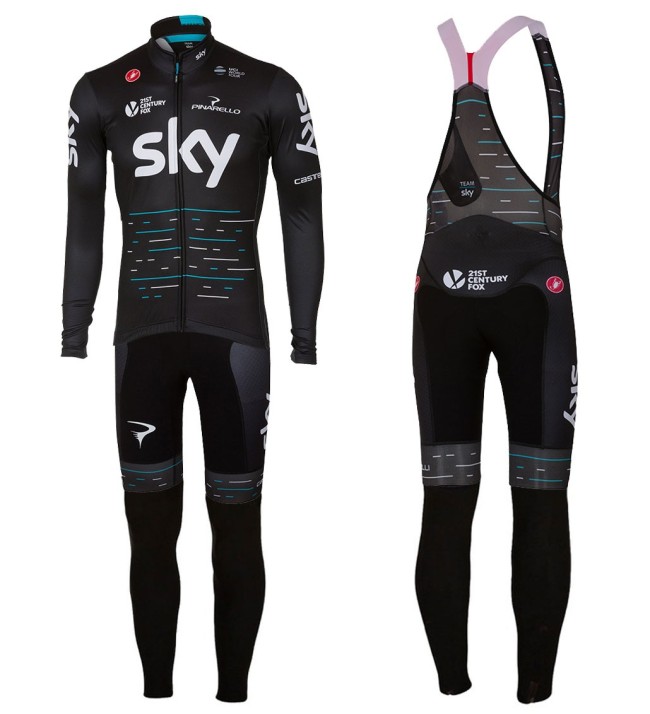 2017 Team Skу Black Long Sleeve Cycling Jersey And Bib Pants Set