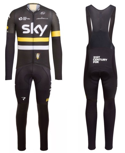 2016 Team Skу IV Black-Yellow Long Sleeve Cycling Jersey And Bib Pants Set