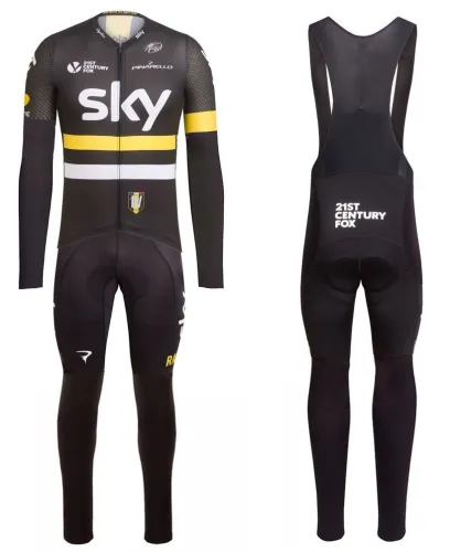 2016 Team Skу IV Black-Yellow Long Sleeve Cycling Jersey And Bib Pants Set