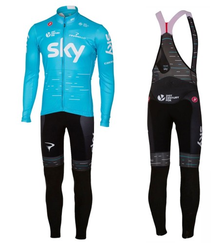 2017 Team Skу Blue Long Sleeve Cycling Jersey And Bib Pants Set